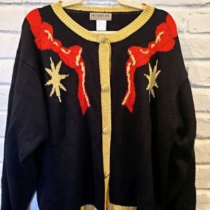 SOLD! Vintage UGLY Christmas cardigan sweater. Plus Size 2-3X, black, gold, red